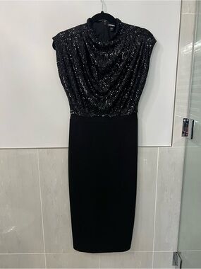 Express Black Sequin Midi Dress with Draped Bodice